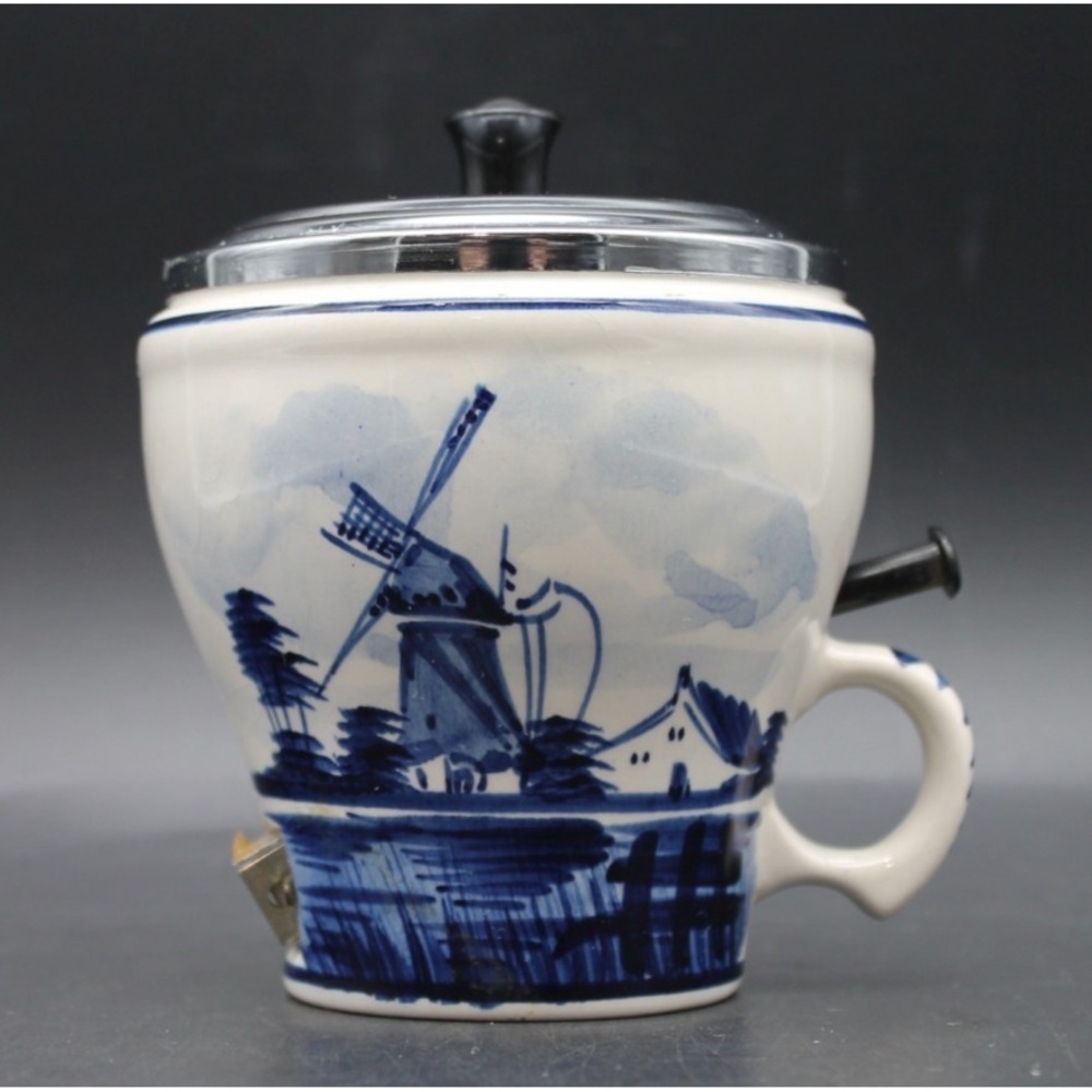 Vintage Delft Holland Blue White Windmill Sugar Dispenser Ceramic Chrome Lid
